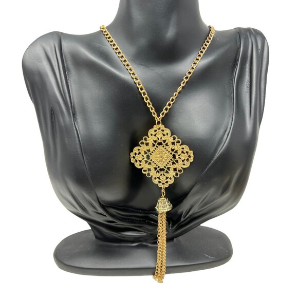 Gold Tone Necklace Long Chain Trangular Pendant with Tassel - Picture 1 of 7